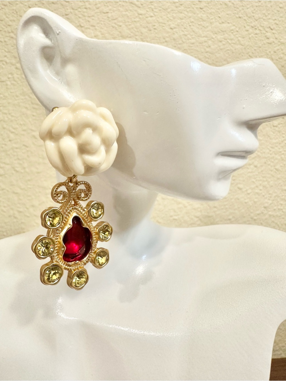 Gold-Plated Cream Floral Drop Earrings with Red Crystal
